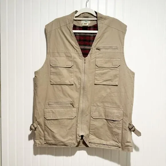 Vintage LL Bean Plaid Lined Utility Vest Fishing Hunting Mens Large Tall - Picture 1 of 8